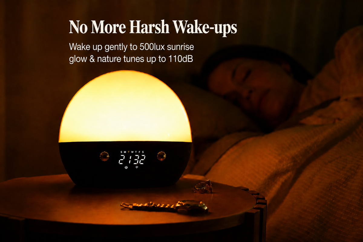 CircaRhythm sunrise alarm clock glowing beside the bed for a gentle wake-up with light and nature sounds