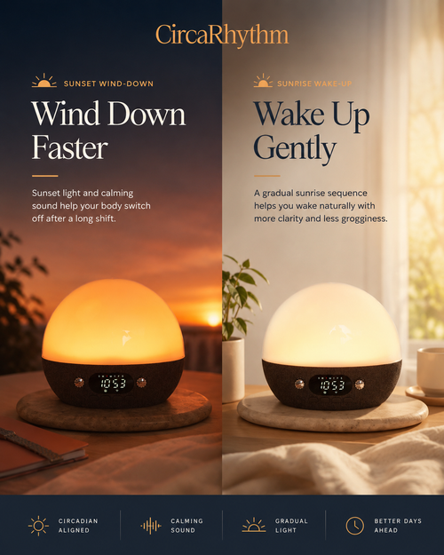 CircaRhythm sunrise and sunset alarm clock showing wind-down and gentle wake-up light modes