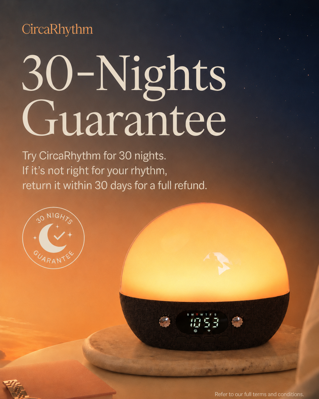 CircaRhythm sunrise and sunset alarm clock with 30-night money-back guarantee